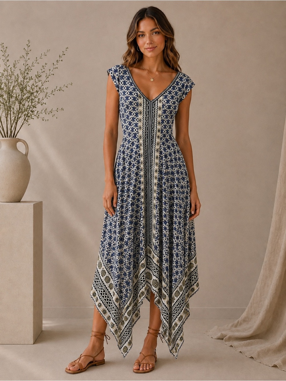 Sky And Sand Handkerchief Hem Boho Midi Dress Blue Rayon Print Size Small